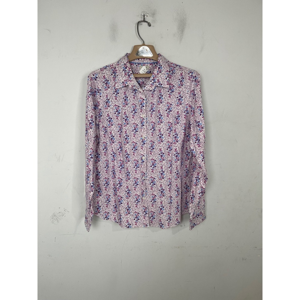 LL Bean Womens Large Floral Button Down Shirt Purple Blue Cotton Stretch 284233